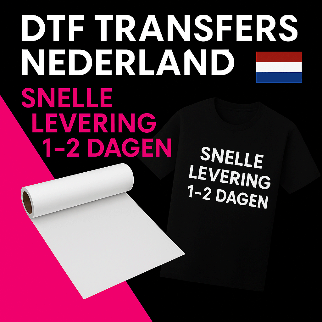 DTF transfers Nederland – promotionele afbeelding met Nederlandse vlag, magenta en zwart ontwerp, DTF transferfilm, t-shirt en tekst “Snelle levering 1–2 dagen